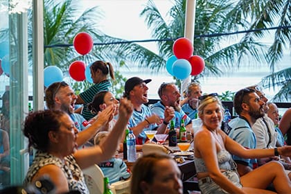 Guests enjoying live sport, food and drinks at Pavilion Surf Club